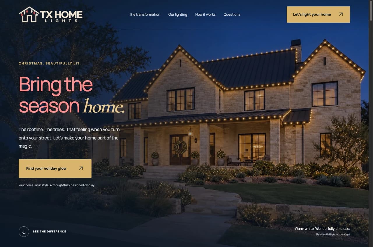Tx Home Lights website with its custom holiday-lighting design and navigation