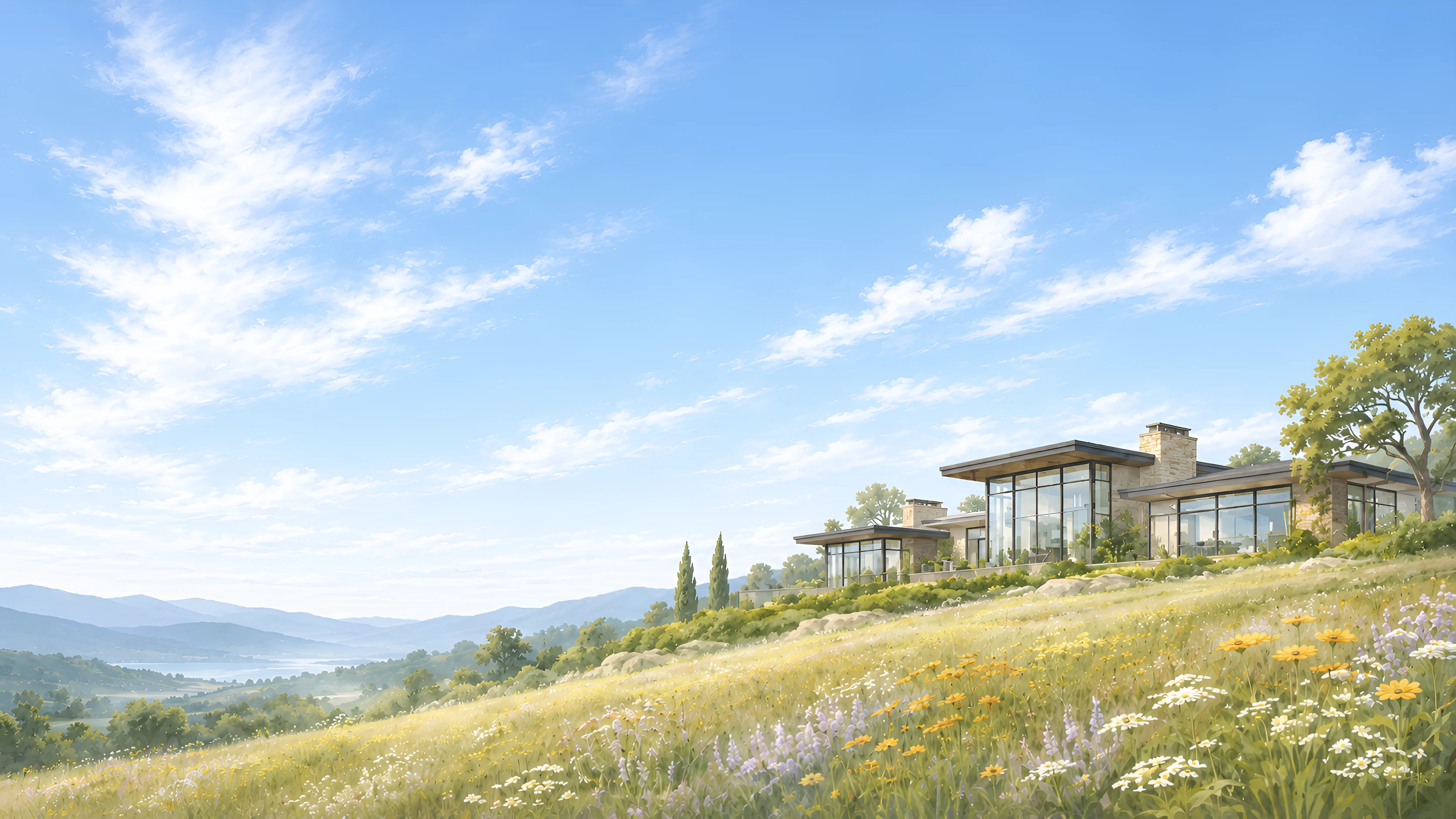 Modern hillside home overlooking a valley, wildflower meadow in the foreground