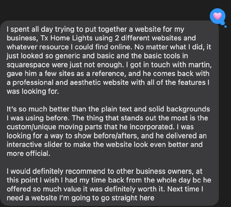 Hugo's complete testimonial about the Tx Home Lights website, in his original message screenshot