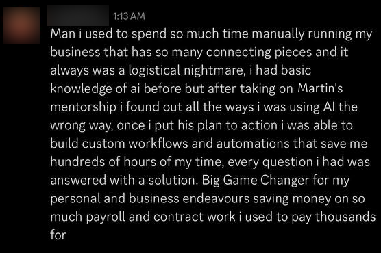Nick's complete AI mentorship testimonial screenshot, with his username and avatar blurred