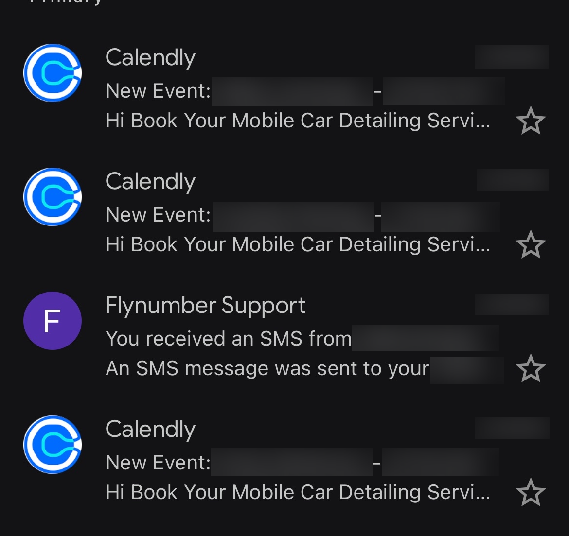 Anonymized Calendly booking notifications shared by Nick